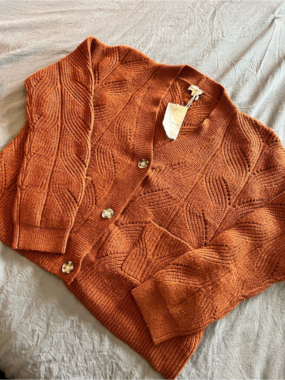Hem & Thread Textured Button-Front Cardigan in Rust